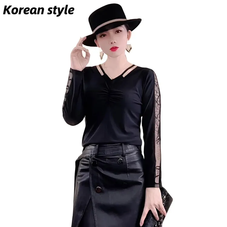 【Koreanstyle】2697A时尚长袖修身显瘦百搭秋冬新款性感黑色打底衫