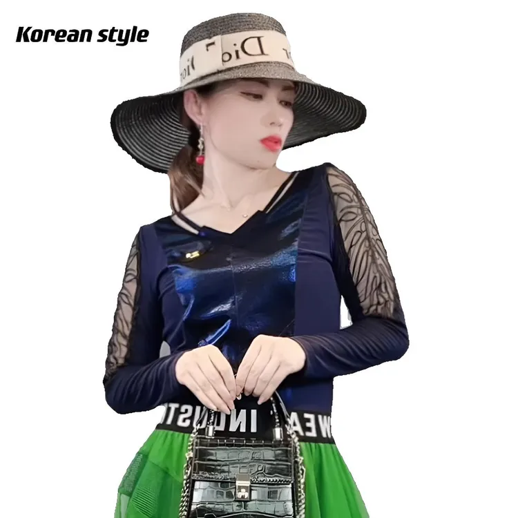 【Koreanstyle】2602V领带子肩镂空花边气质显瘦百搭修身拼接时尚  