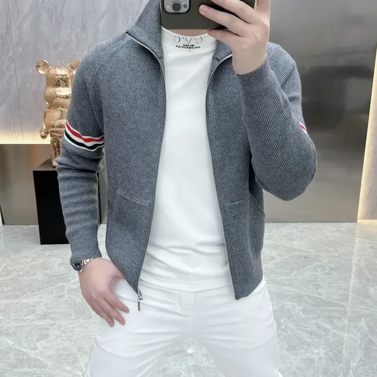 2024男士秋冬款长袖针织羊毛衫高品质潮流百搭拉链立领休闲外套男