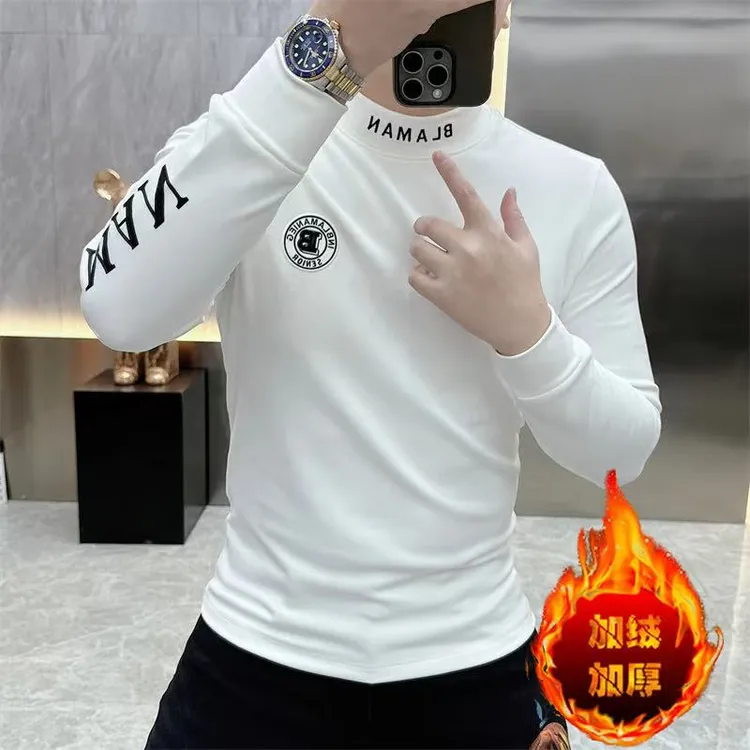 男士打底衫2025秋冬新款欧货潮牌字母修身帅气半高领加绒长袖T恤