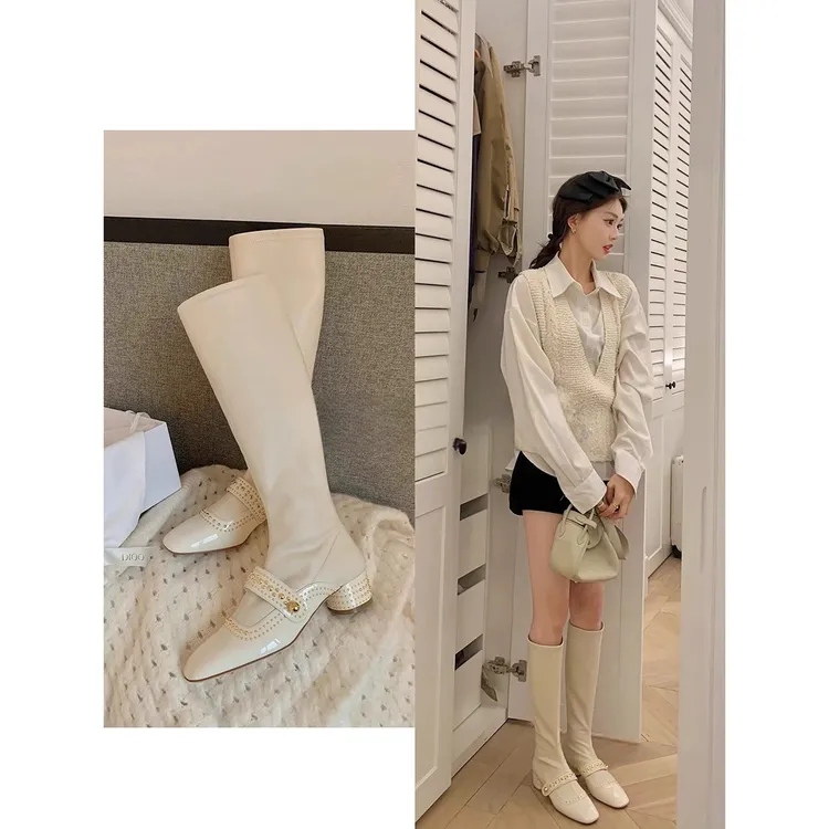 秋冬新款气质方头铆钉一字带骑士靴粗跟瘦瘦靴踝靴长靴女加绒长筒