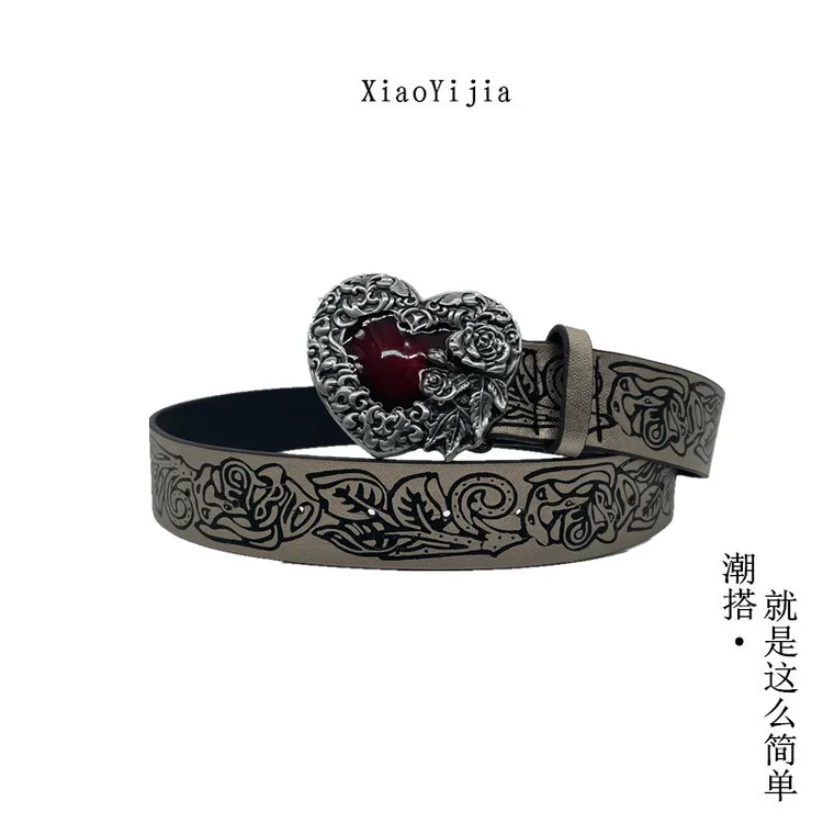 岑熠y2k辣妹复古压花爱心腰带欧美百搭女士玫瑰花纹时尚做旧皮带