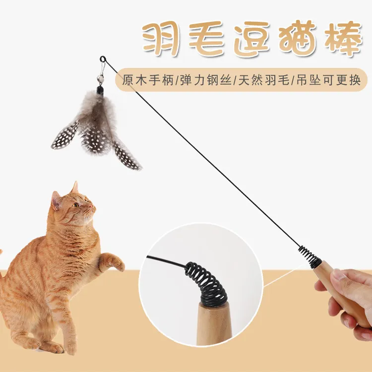 CFA赛级木柄弹簧猫咪逗猫棒 猫咪互动自嗨解闷玩具 可替换羽毛头