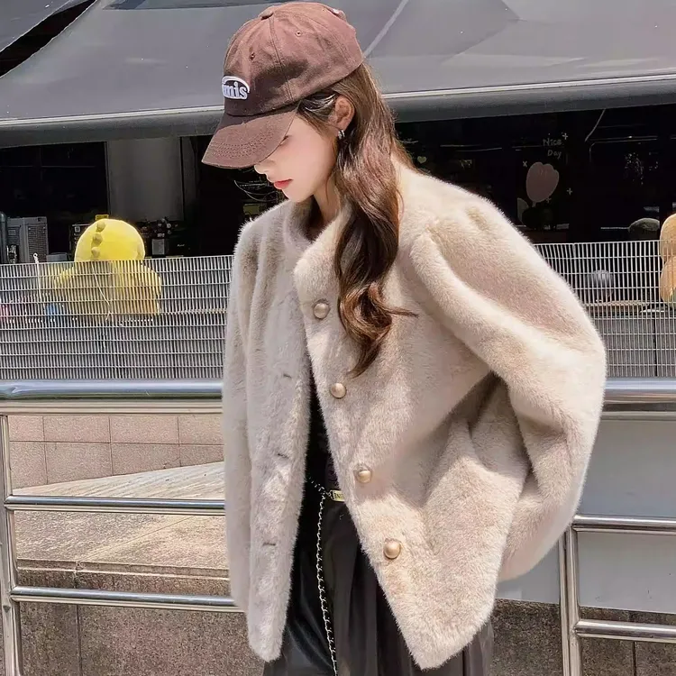 2024新款加厚水貂绒外套新款立领宽松显瘦毛毛外套皮毛一体百搭