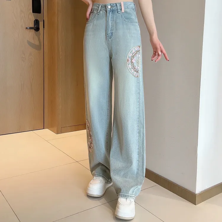 2024新中式国风刺绣高腰阔腿裤显瘦垂感拖地牛仔百搭复古宽松印花