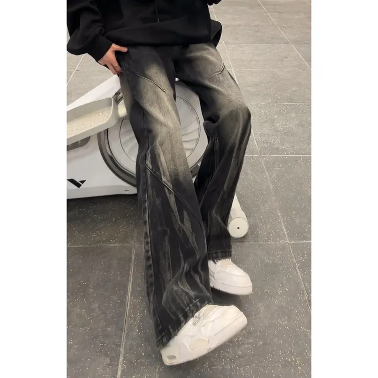 水洗扎染高腰微喇牛仔裤男款潮牌痞帅炸街裤子美式高街直筒弯刀裤