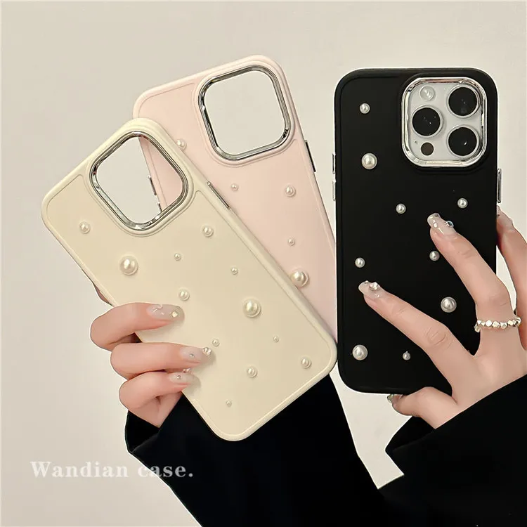 ins小香风立体珍珠iPhone14pro max苹果13手机壳12金属镜头11软壳