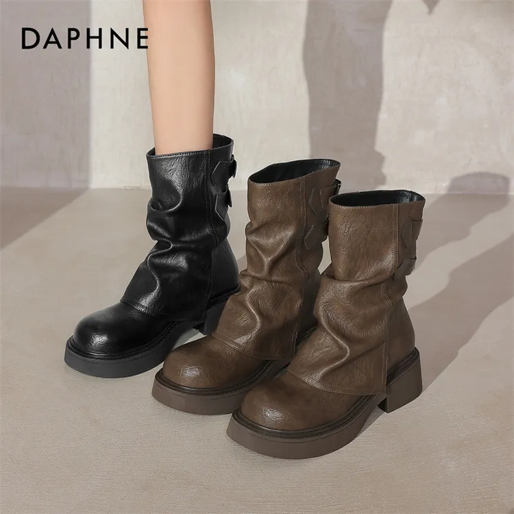 达芙妮美拉德短靴女春秋单靴2025新款厚底棕色裤管骑士西部马丁靴
