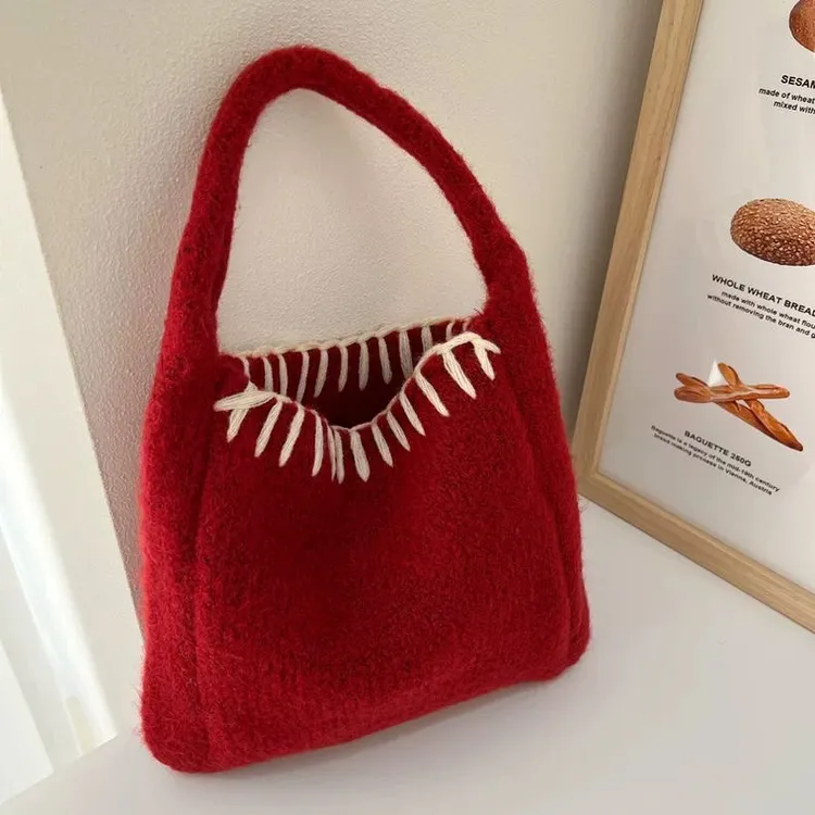 红色时尚小单肩包韩国ins针织毛线手提包秋冬复古手腕包零钱收纳