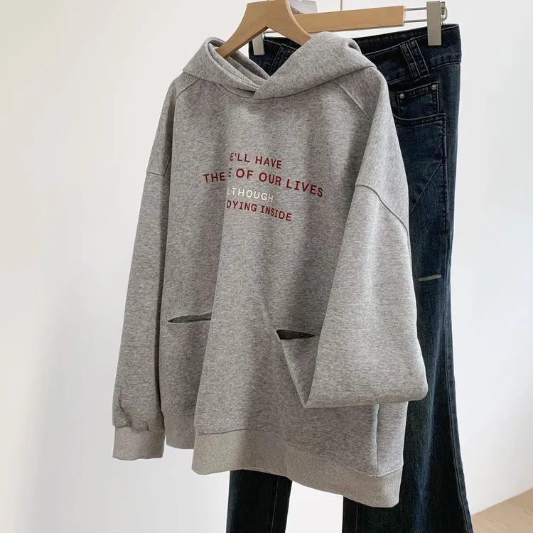 2025早秋新款韩系简约通勤少女风连帽长袖设计感灰色百搭卫衣上衣