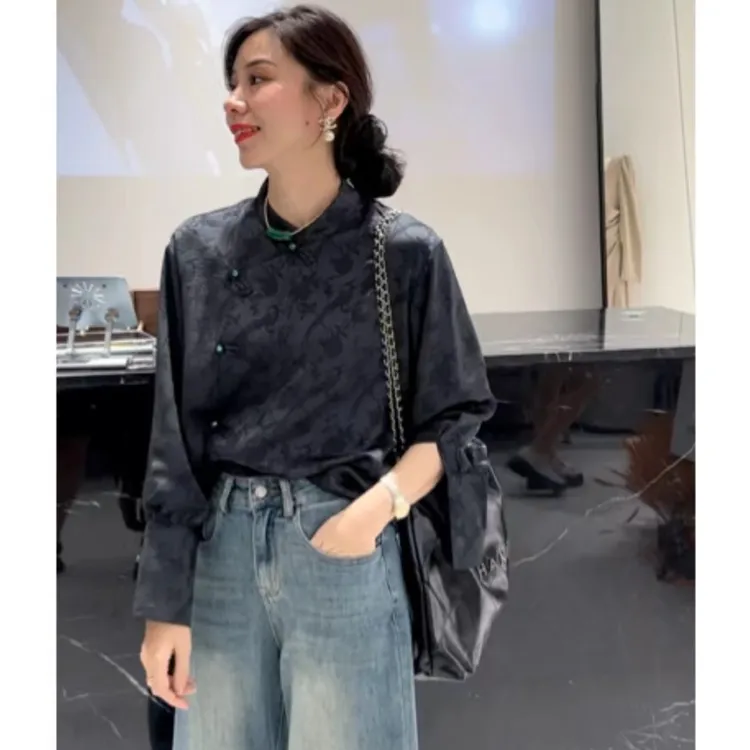 【现货秒发】8692  新中式国风刺绣缎面衬衣