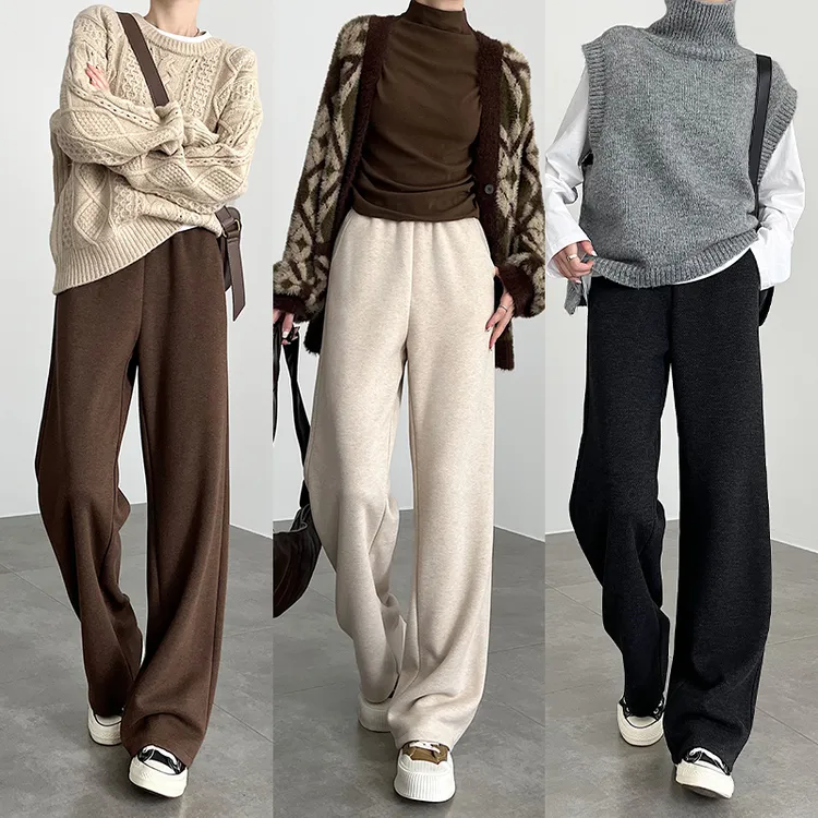 毛呢人字纹加绒裤女秋冬季2024新款高腰窄版直筒小个子加厚阔腿裤