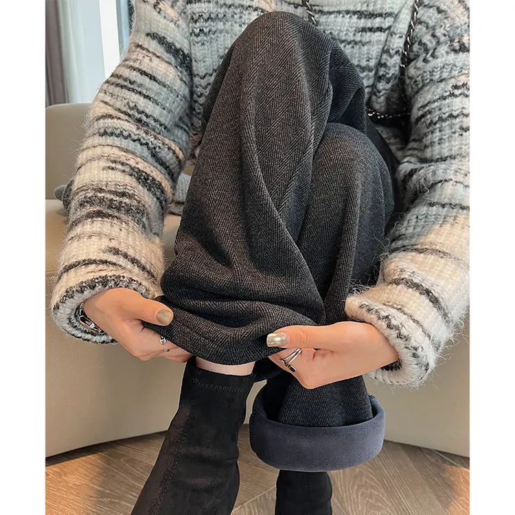 加绒毛呢阔腿裤女秋冬季2024新款人字纹加厚裤子小个子窄版直筒裤