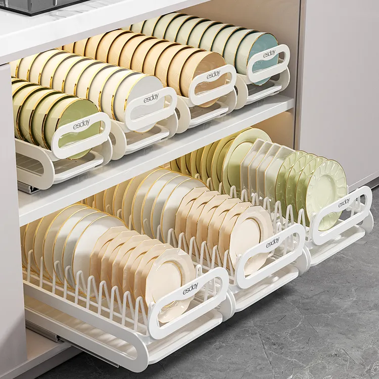 橱柜抽拉式碗碟置物架厨房带轨道抽屉碗盘收纳架盘子沥水架放碗碟