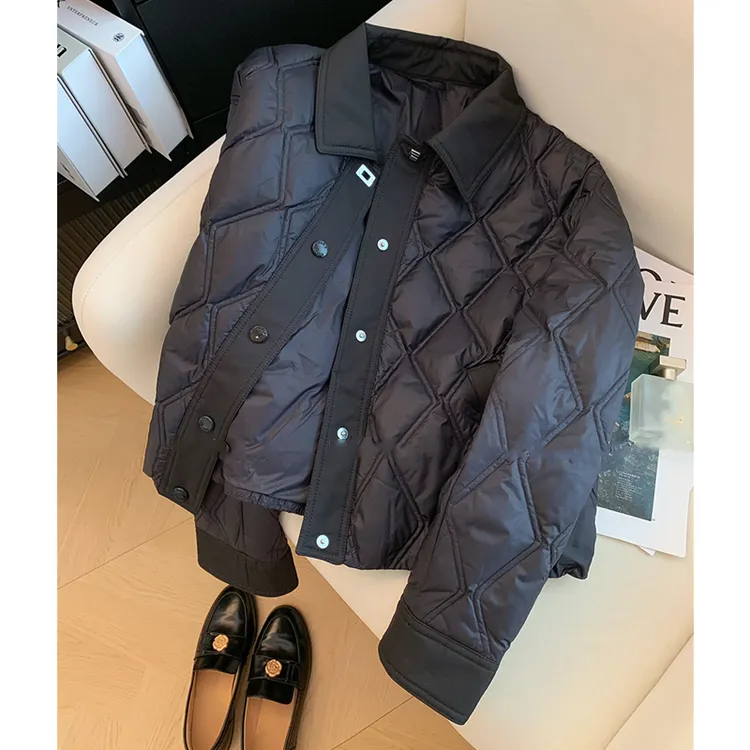 黑色菱格polo领棉服女秋冬新款短款小个子设计感轻薄棉衣外套