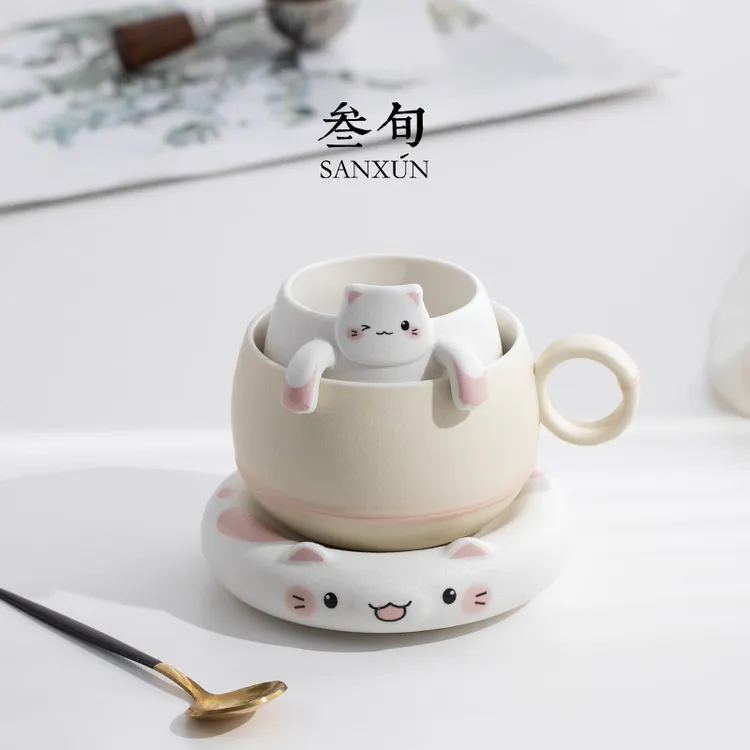 叁旬招财猫泡茶杯茶杯陶瓷茶水分离马克杯创意咖啡杯男女水杯礼物