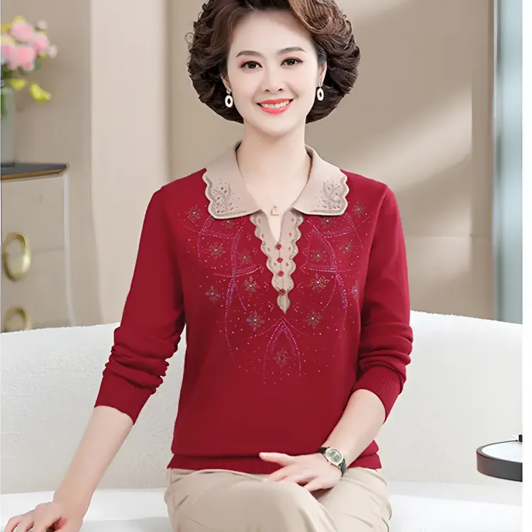 秋季新款时尚妈妈装洋气烫钻翻领小衫气质显瘦百搭长袖上衣