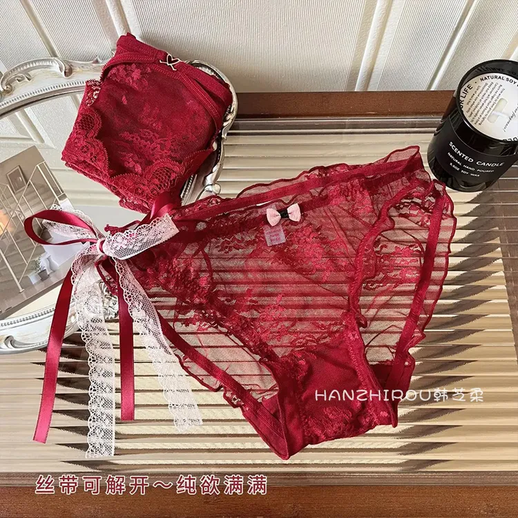 秋冬新款爆款纯欲红色内裤无痕蕾丝低腰提臀短裤网纱提臀塑形内裤