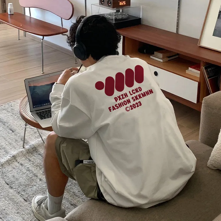 300G重磅纯棉欧美式休闲风长袖t恤男春秋圆领宽松上衣情侣ins潮牌