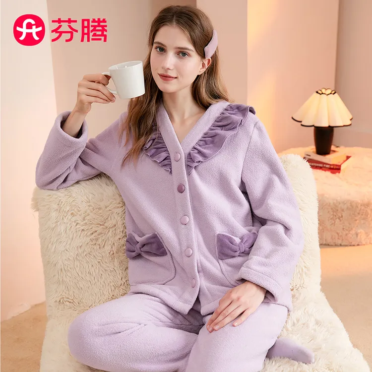 芬腾加厚双面暖绒秋冬V领开衫长袖蝴蝶结家居服女士加厚加绒睡衣