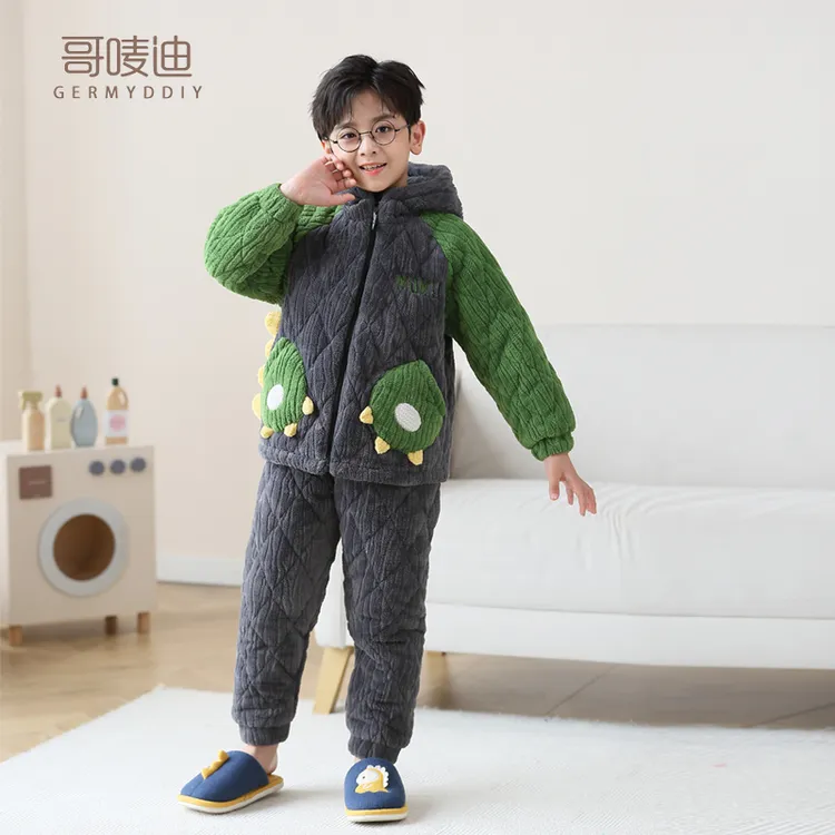 【防寒】儿童冬季三层夹棉小恐龙珊瑚绒法兰绒保暖加绒加厚睡衣套装