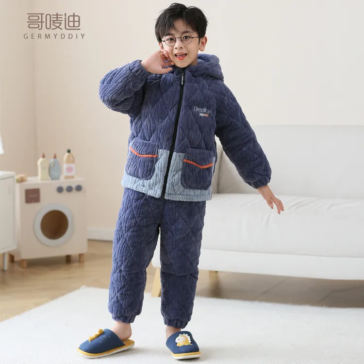 【巨暖】男童冬季加绒加厚保暖外穿套装中大童卡通小熊三层夹棉睡衣