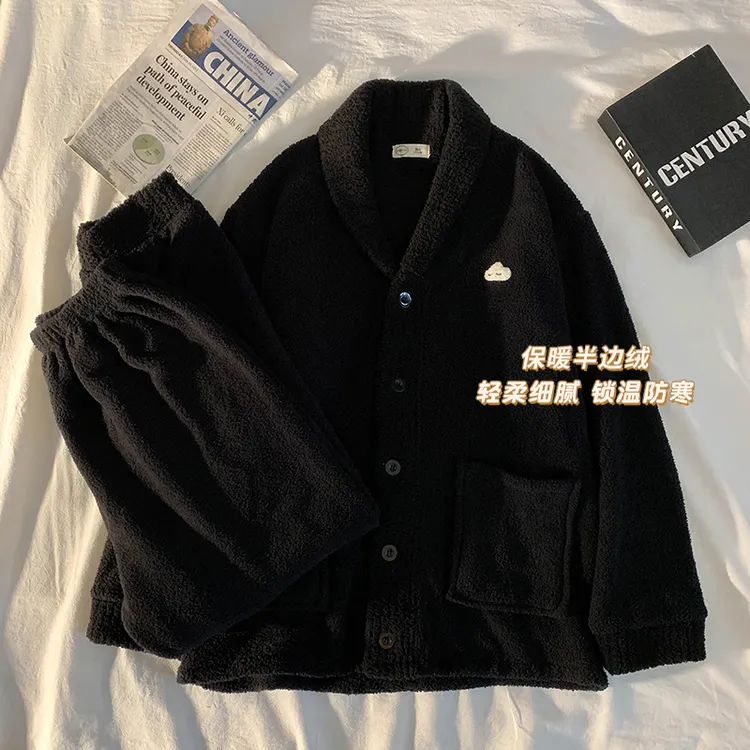 半边绒男士睡衣加厚加绒秋冬天法兰绒家居服套装韩版保暖可外穿