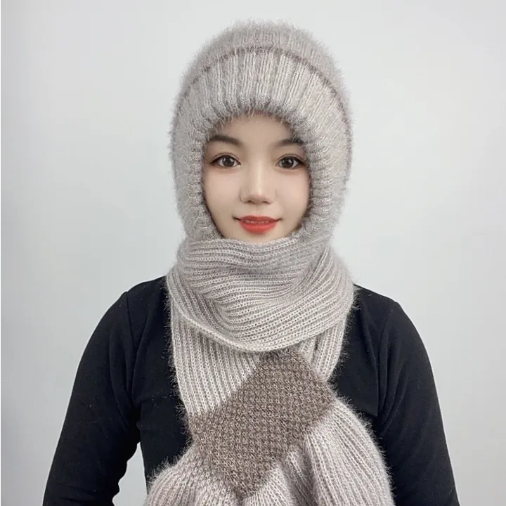 新款秋冬加绒加厚编织风雪帽时尚百搭女士冬天护耳朵帽子围巾一体