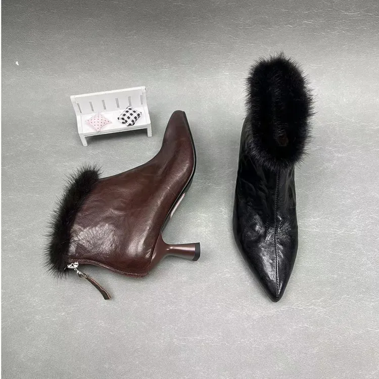 跟高5厘米B1-H71羊皮小裸靴真毛短靴女士秋冬尖头加绒真皮气质鞋