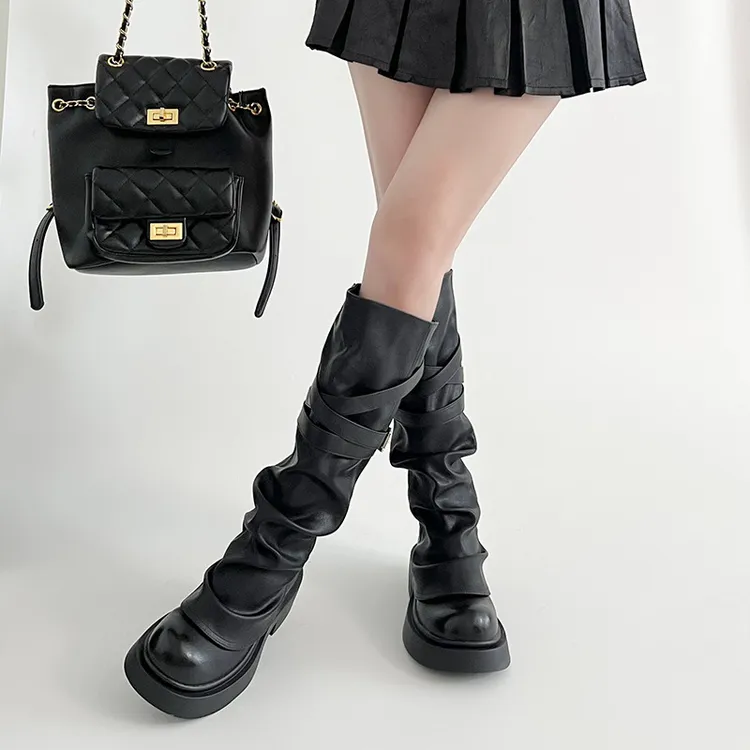 棕色复古美拉德粗跟厚底长筒靴女2024新款秋季不过膝增高骑士女靴