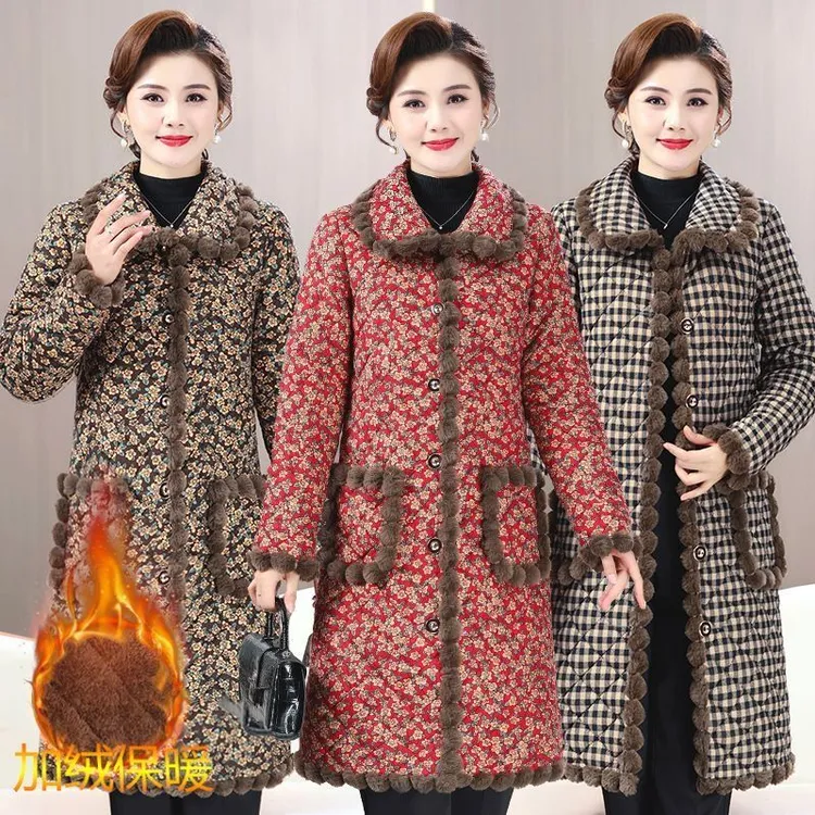 新款加绒加厚棉袄冬季妈妈装宽松显瘦中年妈妈上档次棉服中长款