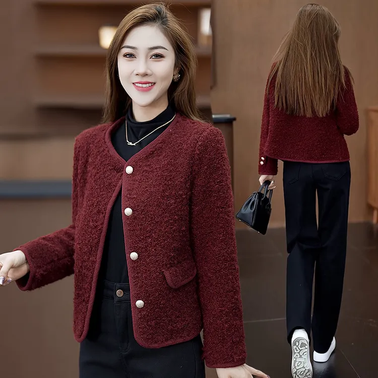 2025年冬季新款安哥拉红小香风外套女时尚高级感减龄百搭呢子外套