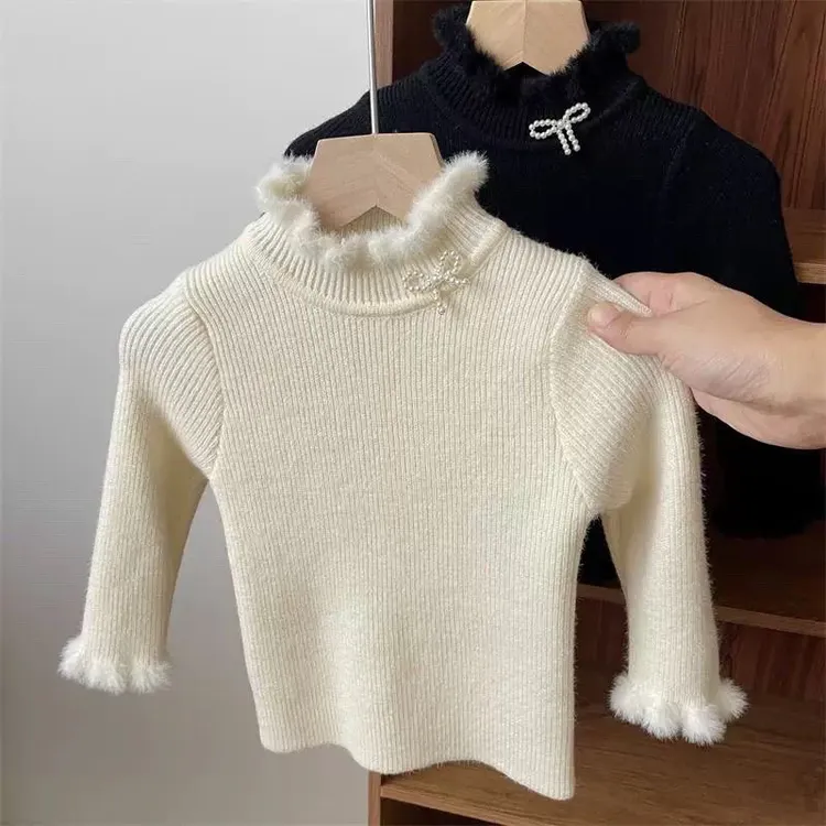 冬季女童木耳边领一体绒加厚毛衣婴儿宝宝加绒针织打底衫儿童公主