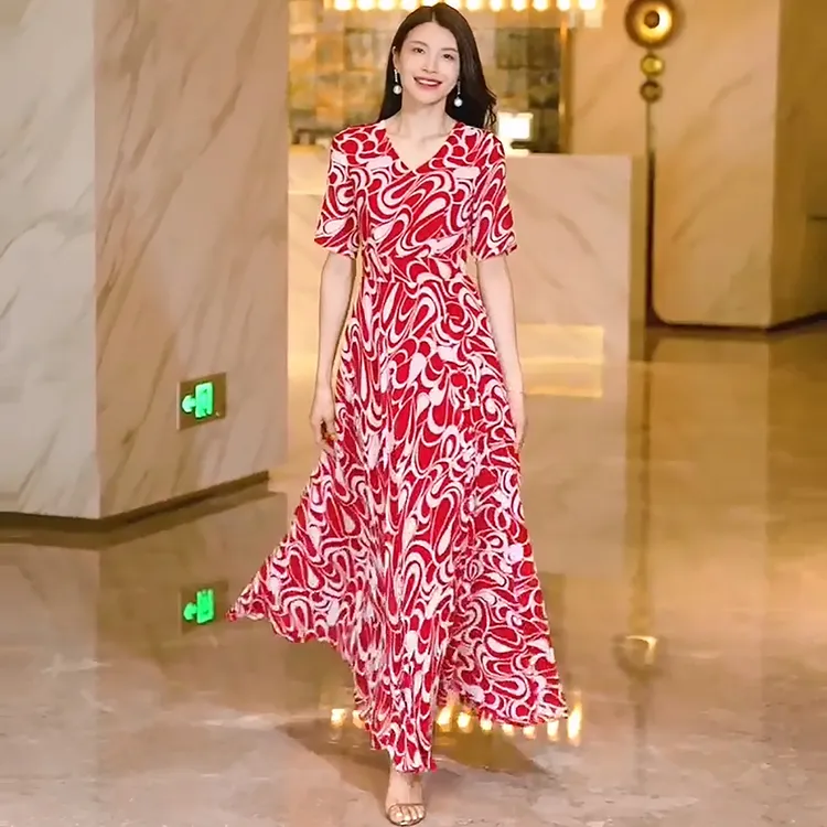 夏季新款高档雪纺长款连衣裙气质修身洋气纱裙大摆飘逸到脚踝长裙