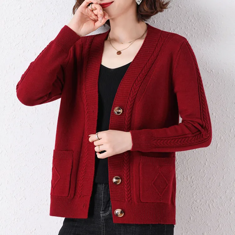 春秋新款V领针织衫女士开衫宽松长袖毛衣时尚百搭外套羊毛上衣女