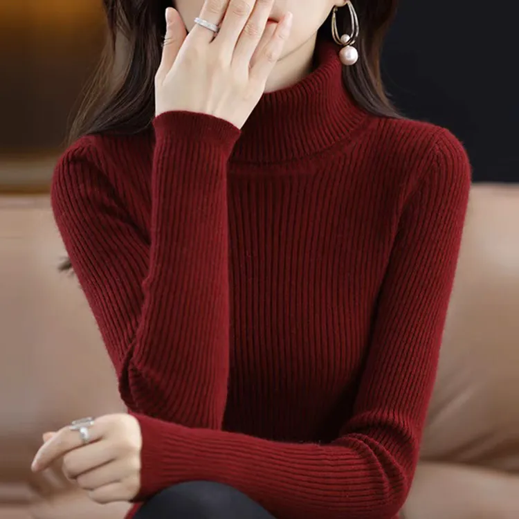 安哥拉红女羊毛衫内搭秋冬新款修身高领打底毛衣春秋针织时尚百搭