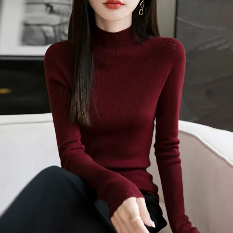 新款安哥拉红修身羊毛衫女内搭打底毛衣一线成衣搭半高领百搭上衣