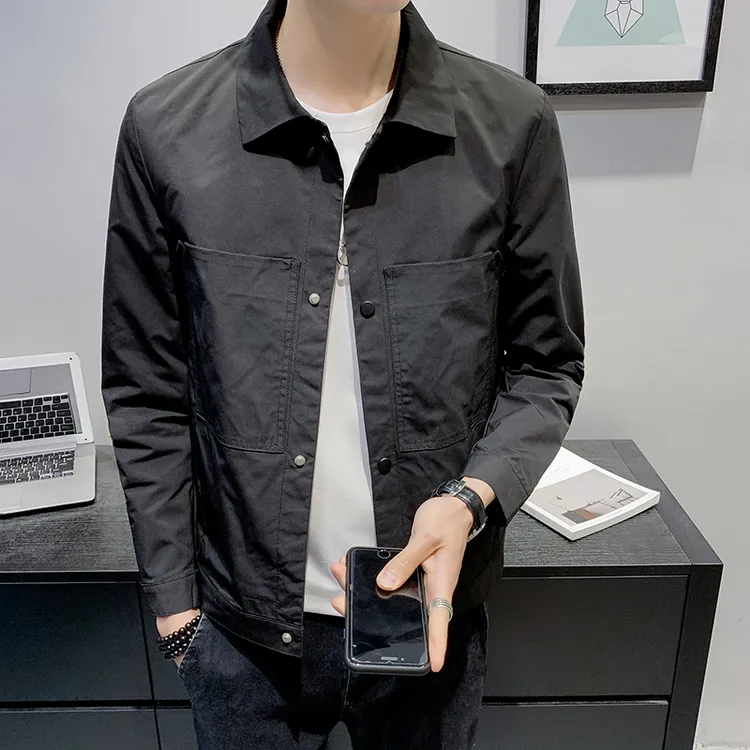 JK1905春季新款夹克男纯色休闲百搭男装上衣潮流韩版修身翻领外套