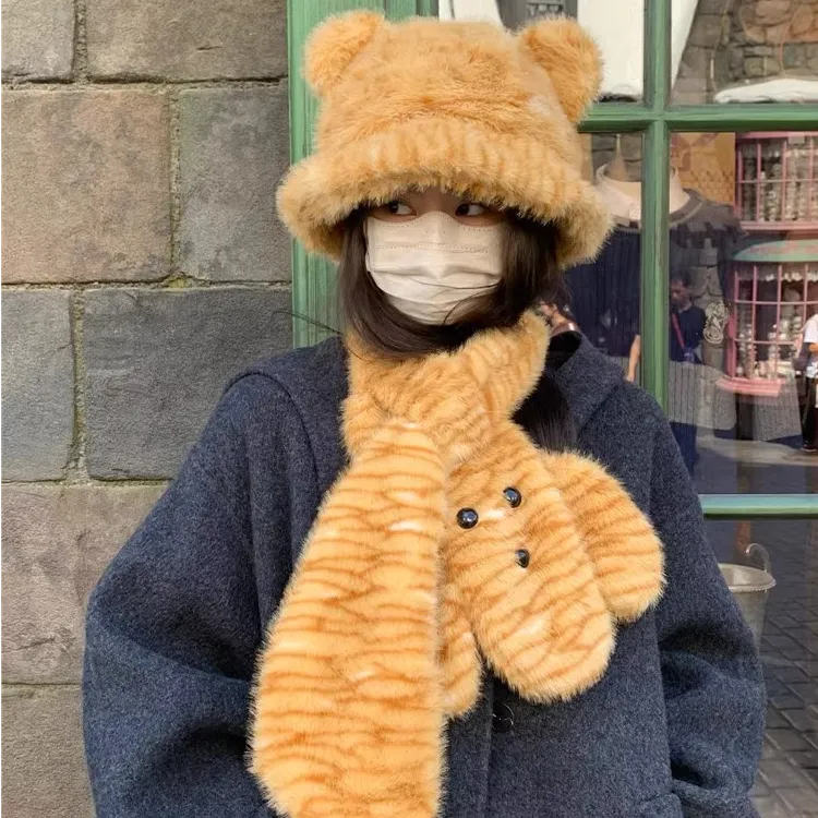 毛茸茸豹纹可爱小老虎纹渔夫帽子女2025冬季加厚保暖卡通围巾围脖
