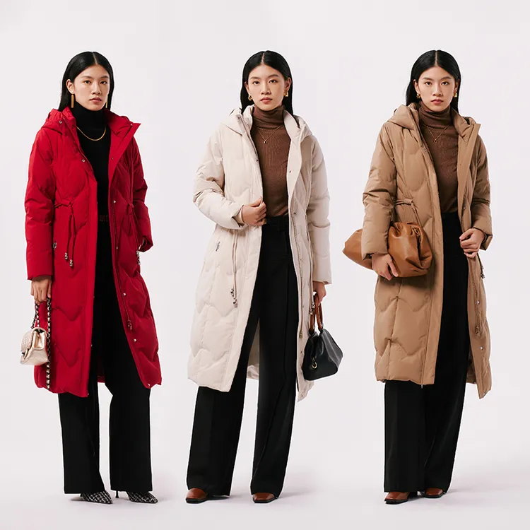 千仞岗秋冬新款时尚休闲女款加厚保暖收腰连帽长款羽绒服Y299197Y