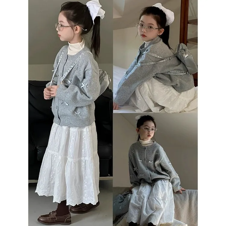 女童秋装外套新款中大童春秋款针织开衫儿童洋气秋季裙半身裙套装