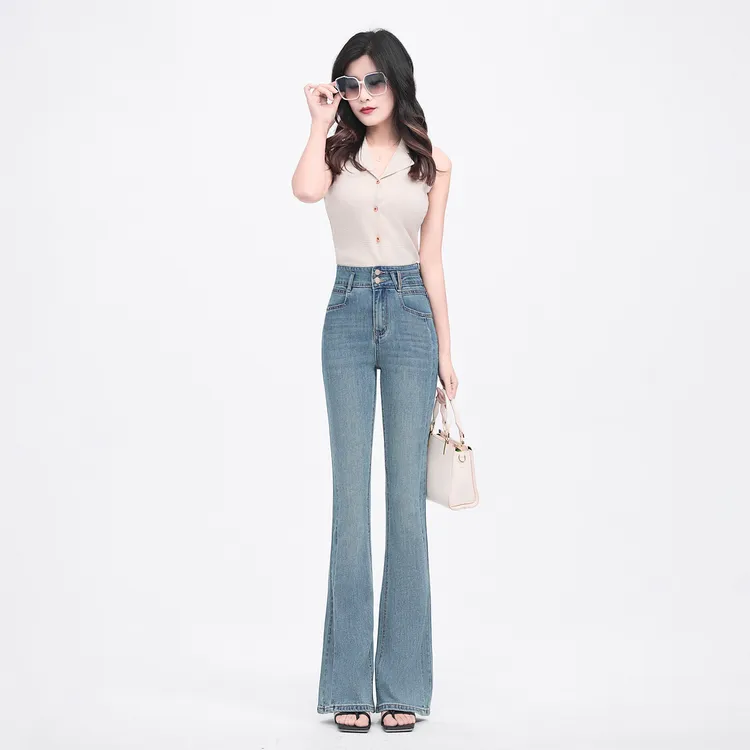 时尚显瘦高腰微喇叭牛仔裤女24年春款时尚复古修身提臀弹力长裤