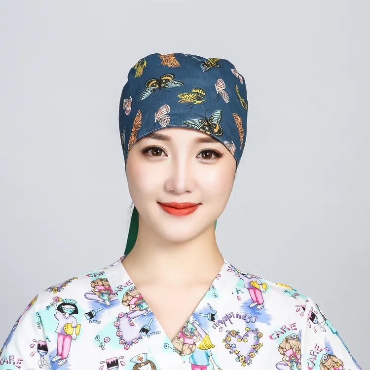 巧护士蝶尾帽飞蛾女长发包头棉布印花厨房防油烟帽磨砂美容工作帽
