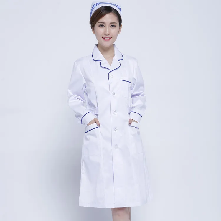 女护士服上下圆加蓝边长袖大褂眼镜店长款美容师白色养老院工作服