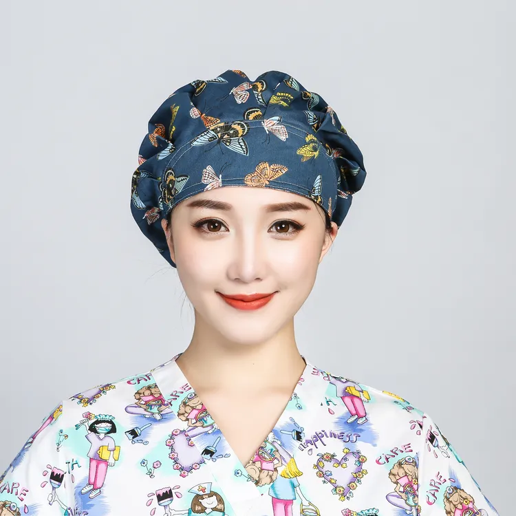 巧护士蓬蓬帽飞蛾女医生护士帽全棉印花厨房油烟帽美容纹绣师帽子