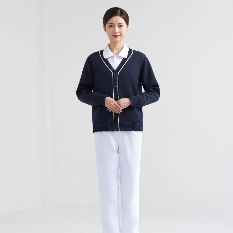 护士毛衣女医生工作服定制刺绣logo外套藏蓝色加白边开衫外搭上衣
