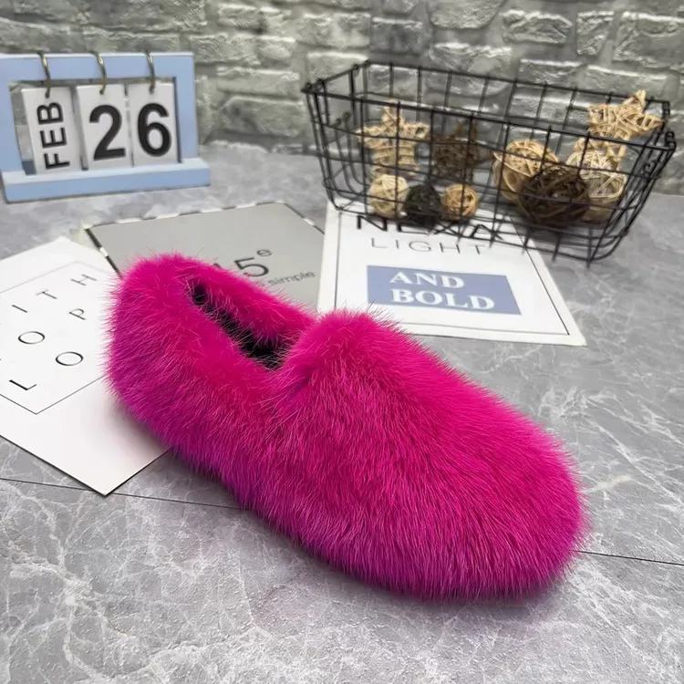 欧洲站冬季新款水貂毛网红女鞋厚底棉瓢鞋百搭外穿毛毛鞋豆豆鞋潮