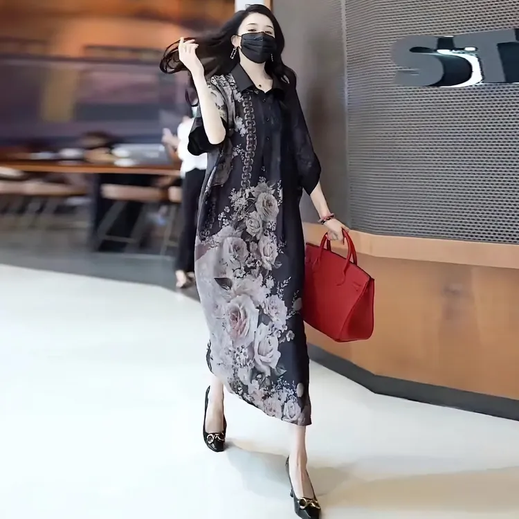 高端定制时尚洋气连衣裙女2024夏季新款气质宽松显瘦遮肚大牌长裙