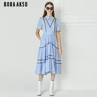 BORAAKSU夏季法式甜美拼色花边日常百搭天空蓝连衣裙女B1DCW61190