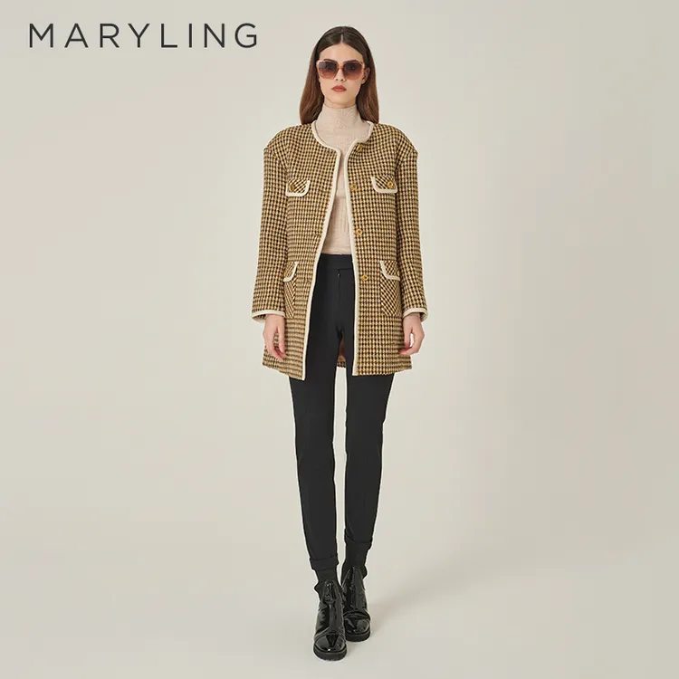 MARYLING玛俪琳2024秋季新品小圆领直身粗花呢中长外套A1EGW14330